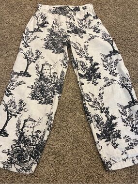 100% Linen High Rise Wide Leg Cropped Pants Black & White Toile Print Joie Sz 8